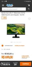 Monitor Acer LED 27´ Widescreen, Full HD, HDMI/VGA/DVI, Som Integrado - VA270H R$699