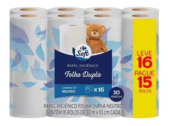 Papel Higiênico Folha Dupla 30m Carrefour - 16 Unidades