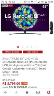 Smart TV LED 65" UHD 4K LG 65NANO86 NanoCell, IPS | R$ 5.799