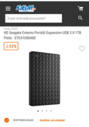 HD Seagate Externo Portátil Expansion USB 3.0 1TB Preto | R$ 300