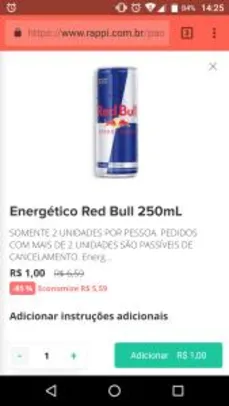 Rappi Curitiba - Red Bull 250ml por apenas 1 real