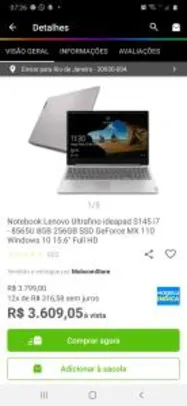 Notebook Lenovo Ultrafino ideapad S145 i7 - 8565U 8GB 256GB SSD | R$3.600