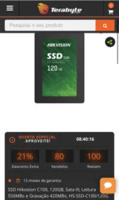 SSD Hikvision C100, 120GB, Sata III, Leitura 550MBs e Gravação 420MBs,m R$ 149