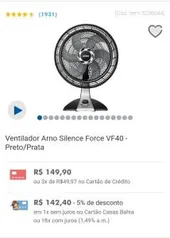 Ventilador Arno Silence Force VF40 - Preto/Prata de 220volts R$ 142