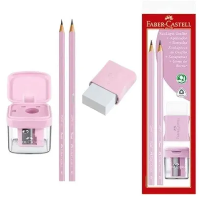 Kit Lápis Grafite Pastel Rosa 2 EcoLápis nº2 + Apontador + Borracha Faber Castell