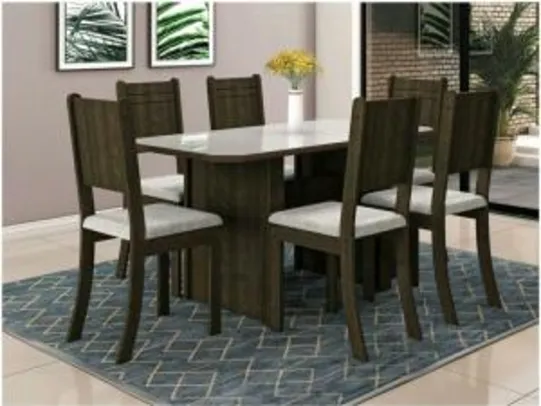 [Ouro + Frete grátis] Conjunto mesa de jantar com 6 cadeiras | Off White | Indekes - Cristal