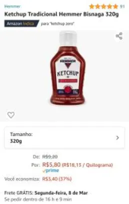 [Prime] Ketchup Tradicional Hemmer Bisnaga 320g | R$5,80