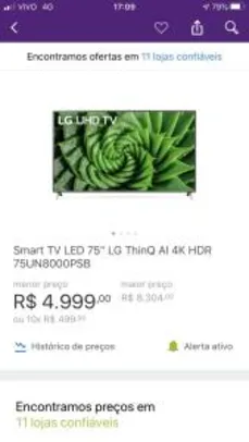 TV Led 75” LG ThinQ AI 4k HDR R$4999
