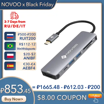 Adaptador NOVOO 6 em 1 com diversas portas, como USB 3.0 e HDMI