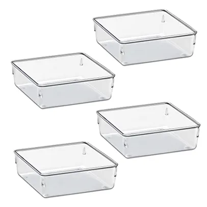 Organizador Modular Acrimet para Gavetas, Bancadas e Armários, Plástico Transparente, Pote Quadrado Grande, Kit com 4 Potes, Cristal