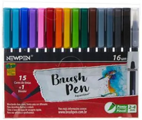 Brush Pen, Newpen, 15 Cores + 1 Blender, 16 unidades | R$35