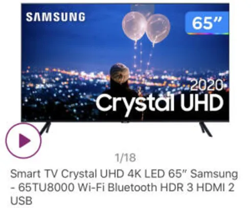Smart TV Crystal UHD 4K LED 65” Samsung - 65TU8000 Wi-Fi Bluetooth HDR 3 HDMI 2 USB - R$3609