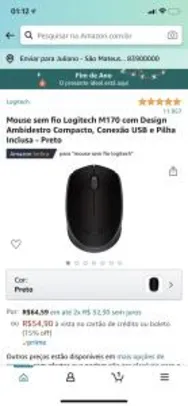 Mouse sem fio Logitech M170 com Design Ambidestro Compacto, Conexão USB e Pilha Inclusa - Preto - R$55