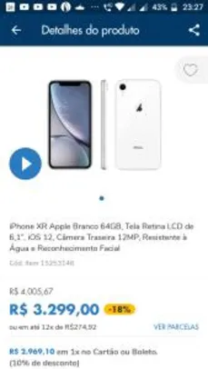 iPhone XR Apple Branco 64GB, Tela Retina LCD de 6,1” R$ 2375