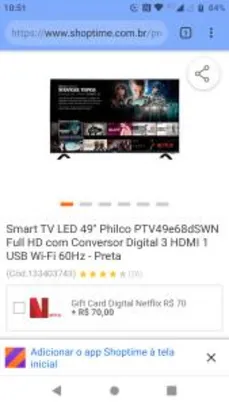 Smart TV LED 49" Philco PTV49e68dSWN Full HD c3 HDMI 1 USB Wi-Fi 60Hz - Preta - R$1.349