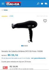 Secador de Cabelos Britânia SP3100 Preto 1900W R$52