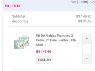 Kit de Fraldas Pampers G Premium Care Jumbo - 136 Unidades.