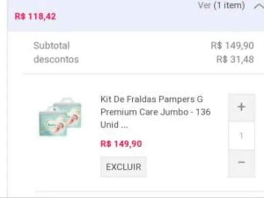 Saindo por R$ 118,42: Kit de Fraldas Pampers G Premium Care Jumbo - 136 Unidades. | Pelando