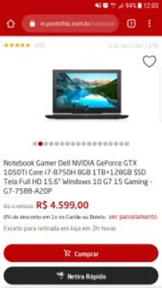 Notebook Gamer Dell G7 NVIDIA GeForce GTX 1050Ti Core i7-8750H 8GB 1TB+128GB SSD - R$4.599