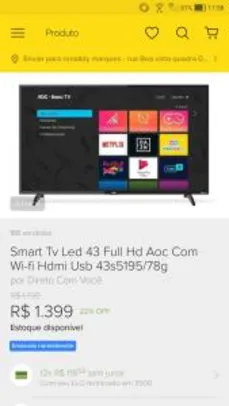 Smart Tv Led 43 Full Hd Aoc Com Wi-fi | R$1399