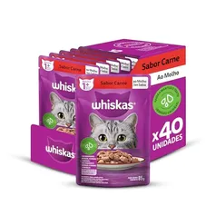 [R$1,30 - Unid/REC] Pack de Ração Úmida Whiskas Sachê Carne ao Molho para Gatos Adultos, 40 sachês de 85 g