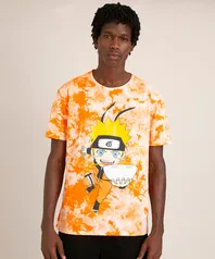 Camiseta Estampada Tie Dye Naruto Manga Curta Gola Careca Laranja