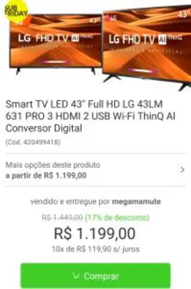 [Com AME R$1.080] Smart TV LED 43" Full HD LG 43LM 631 PRO - R$ 1.199