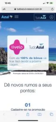 Até 100% de bônus nas transferências de pontos Livelo para Tudo Azul