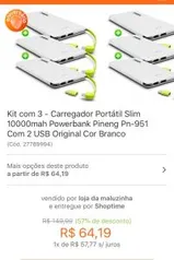 Kit com 3 Carregadores powerbank  Pineng de 10.000mah original branco - R$58