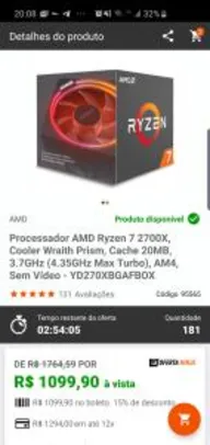 Processador AMD Ryzen 7 2700X, Cooler Wraith Prism, Cache 20MB, 3.7GHz (4.35GHz Max Turbo) - R$1100