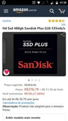 Hd Ssd 480gb Sandisk Plus G26 535mb/s -R$277
