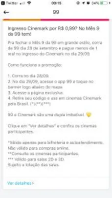 Ingresso Cinemark a R$0,99 na 99 Pop