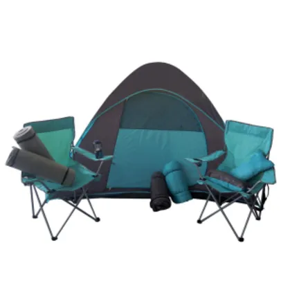 Kit para Camping Importado com 1 Tenda, 2 Cadeiras, 2 Travesseiros, 2 Sacos de Dormir, 2 Tapetes e 1 Lanterna - Verde (R$237,40)