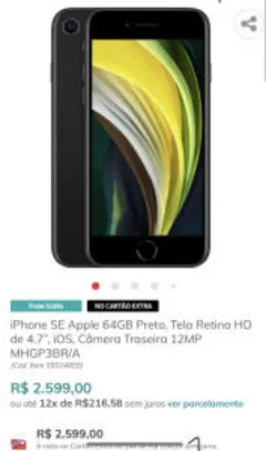 iPhone SE Apple 64GB Preto, Tela Retina HD de 4.7”, iOS | R$ 2599