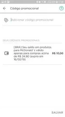 R$ 10 OFF nas compras acima de R$ 24,90 no Mc Donalds