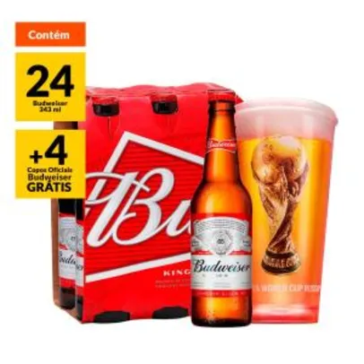 Kit 4 packs Long Neck 343ml (24 garrafas), Grátis 4 copos Budweiser - R$95,76