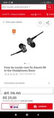 Fone de ouvido com fio Xiaomi Mi In-Ear Headphones Basic