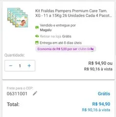 Kit Fraldas Pampers Premium Care Tam. XG 4 pacotes | R$ 90