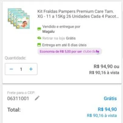 Kit Fraldas Pampers Premium Care Tam. XG 4 pacotes | R$ 90