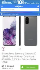 [Cartão Santander] Galaxy S20 128GB Cosmic Gray - Octa-Core 8GB RAM 6,2” Câm. Tripla + Selfie 10MP R$3799