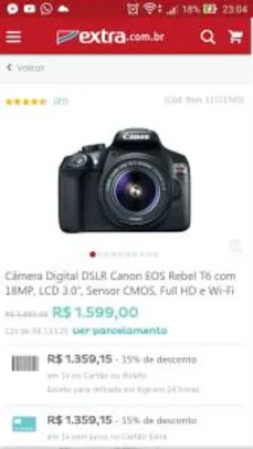 Câmera Digital DSLR Canon EOS Rebel T6 com 18MP, LCD 3.0”, Sensor CMOS, Full HD e Wi-Fi - R$1.359