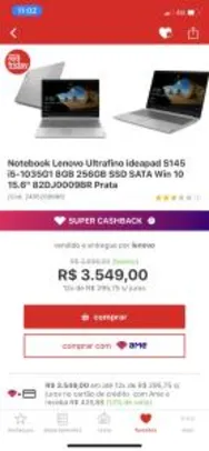 Notebook Lenovo Ultrafino ideapad S145 i5-(10°geração) - 256 ssd | R$3125