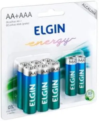 [Prime] Kit Econômico de Pilhas Alcalinas com 6X AA e 2X AAA, Elgin, Baterias R$ 14