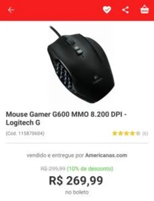 Mouse Gamer G600 MMO 8.200 DPI - Logitech G - R$243