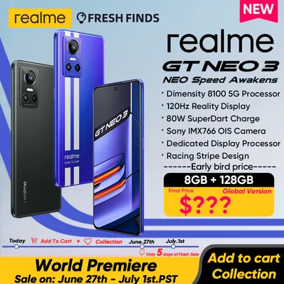 (ESTREIA MUNDIAL) Smartphone REALME GT NEO 3 5G (VERSÃO GLOBAL) 8GB 128GB 120HZ OLED 5000MAH