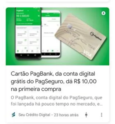 Cartão PagBank, da conta digital grátis do PagSeguro, dá R$ 10,00 na primeira compra
