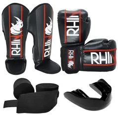 Kit Muaythai Rhino 14oz - Luva Boxe + Caneleira + Bandagem + Bucal