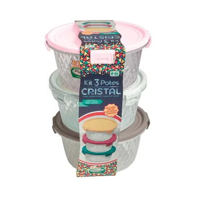 Conjunto de Potes Plasvale Cristal em Plástico com Tampa Colorida com 3 Peças 550ml