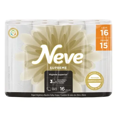 Neve Papel Higiênico Supreme Folha Tripla, 20m, Leve 16 Pague 15 Rolos