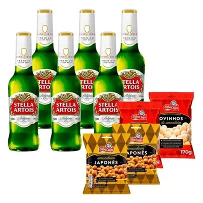 KIT JOGO - 2 Amendoim Japonês + 2 Ovinhos de Amendoim Elma Chips + 6 Cerveja Stella Artois